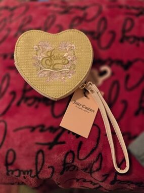 Juicy Couture Yellow Heart Wristlet with Pink Embroidery and Pale Pink Strap